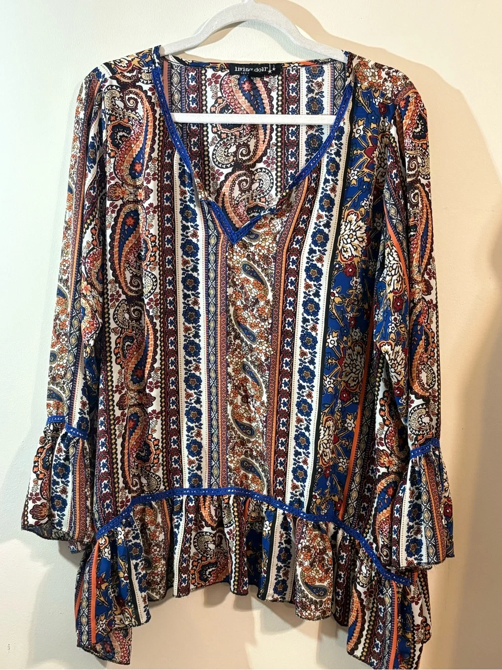 Living Doll blouse bohemian peasant women’s 1X blue paisley ruffle bell‎ sleeves